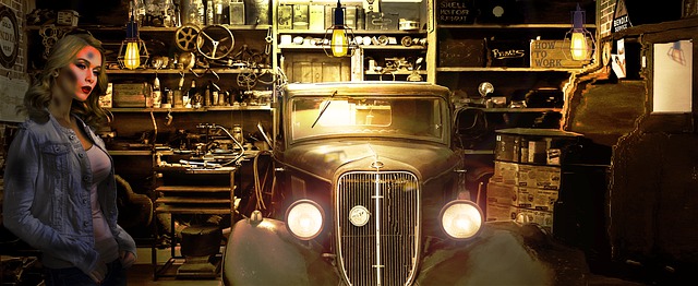 Oude auto vrouw garage